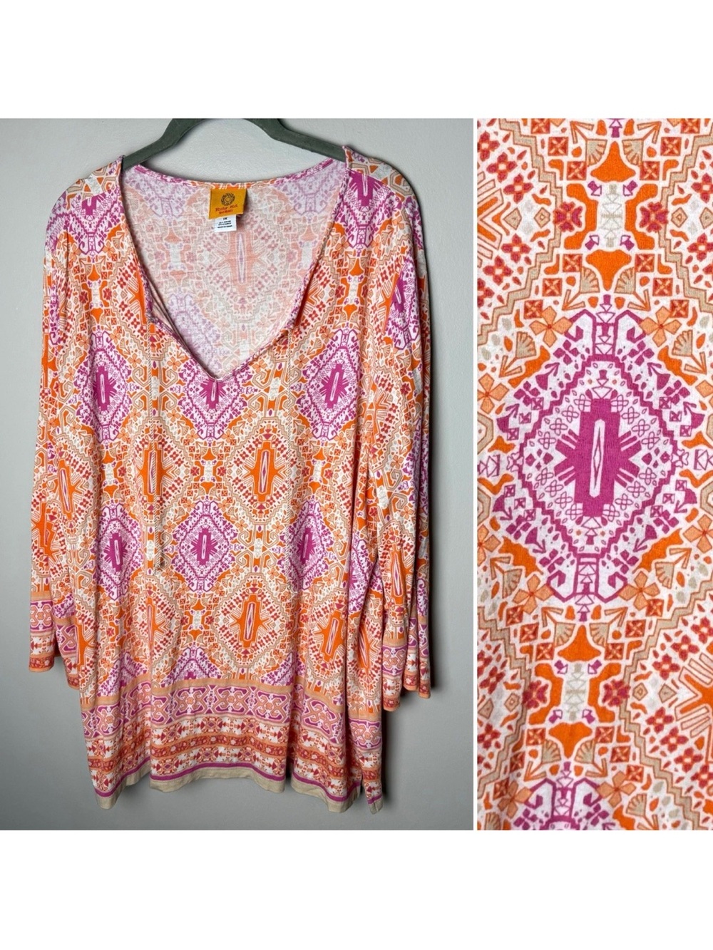 Ruby Rd. Tunic Top Plus Size 1X Orange Pink Geometric Boho Long Sleeves Stretch